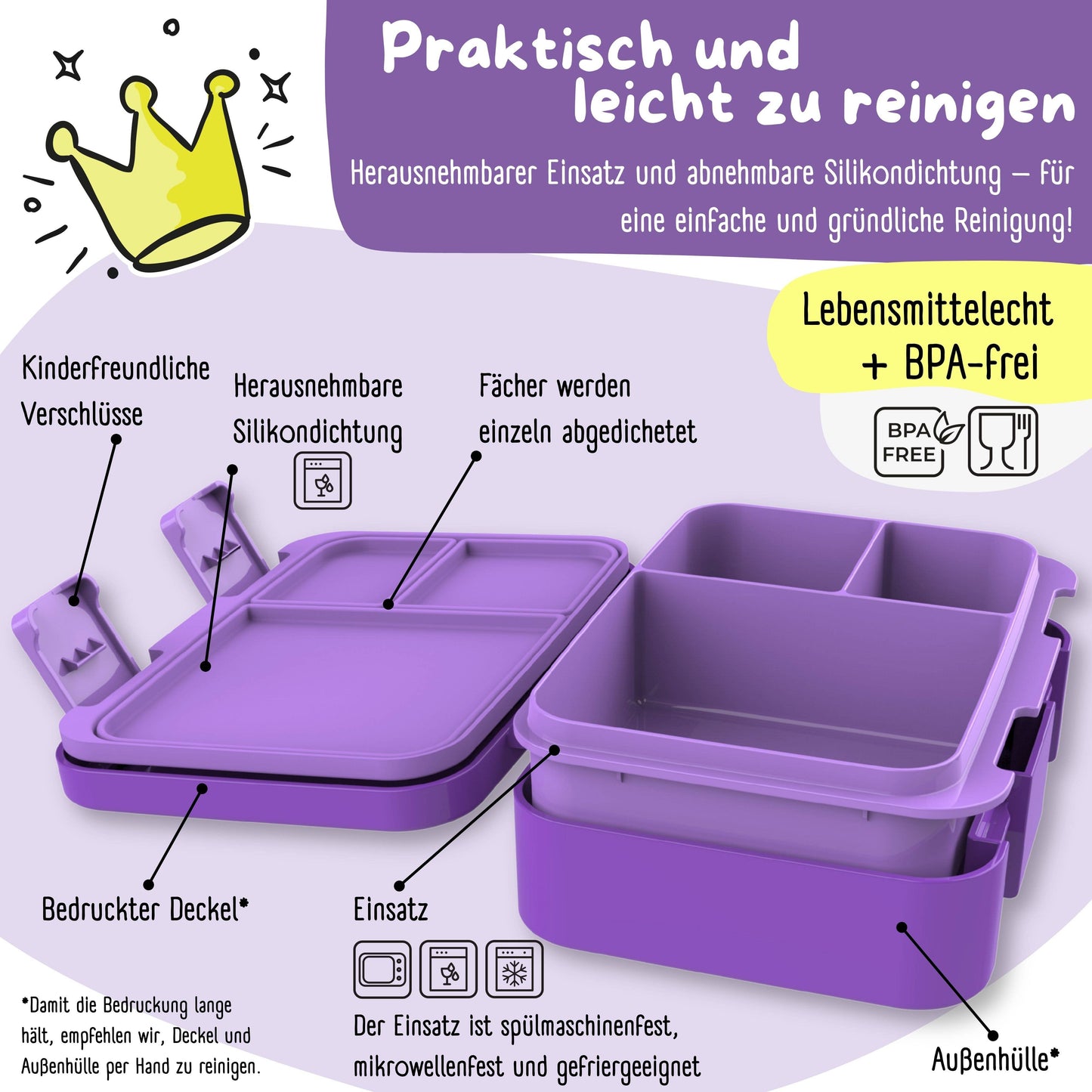 Brotdose mit Fächern, leicht & auslaufsicher - lila: 650ml