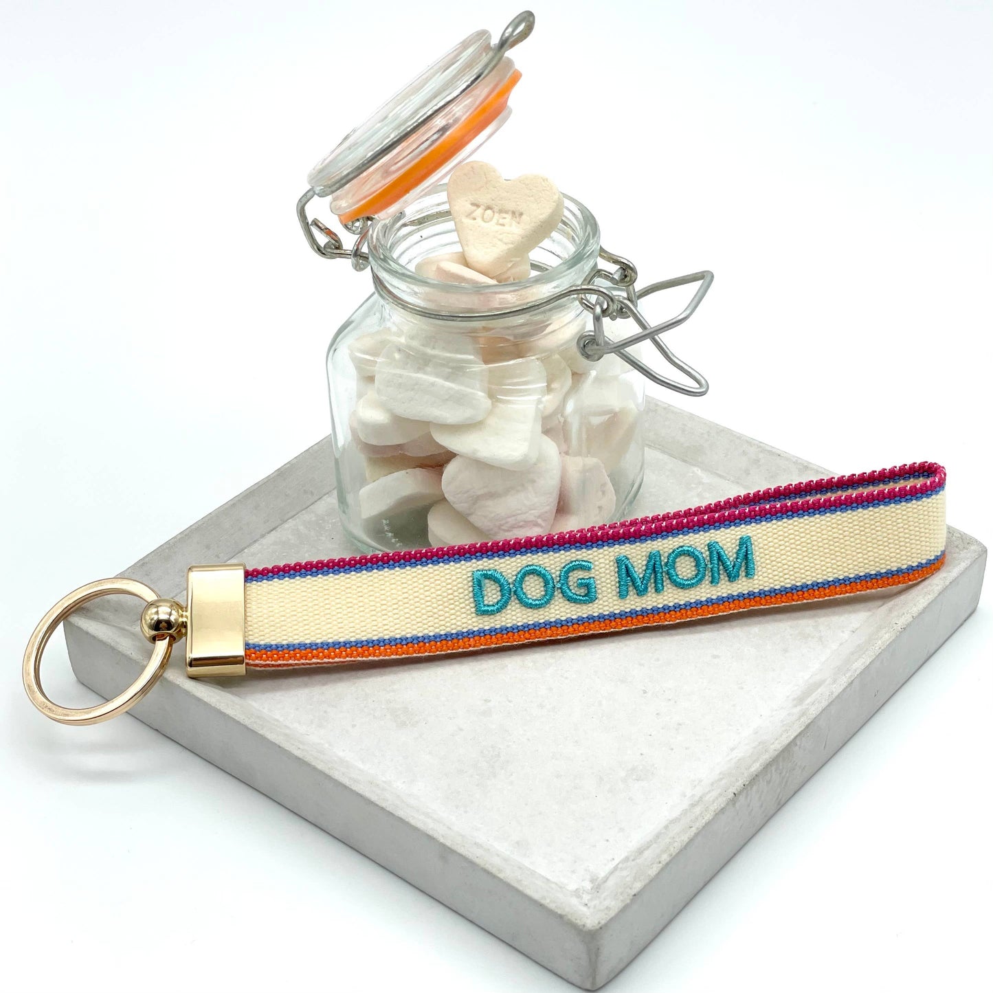 DOG MOM Schlüsselanhänger Keychain gewebt bestickt
