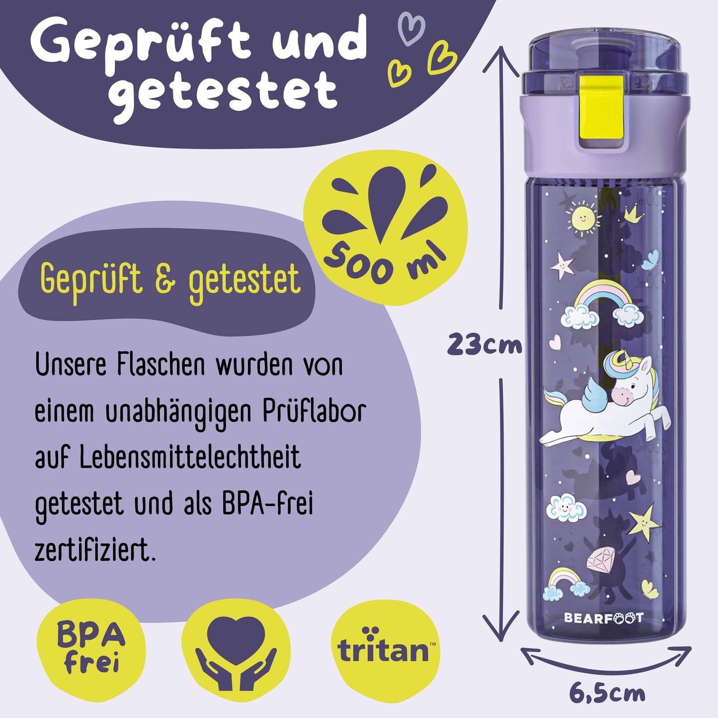 Trinkflasche Kinder, 500ml, leichte Wasserflasche - Einhorn