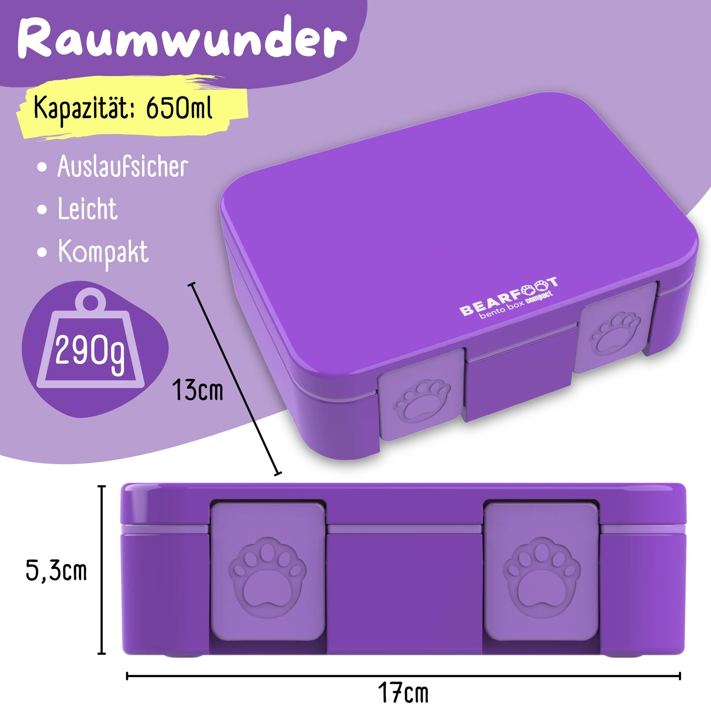 Brotdose mit Fächern, leicht & auslaufsicher - lila: 650ml