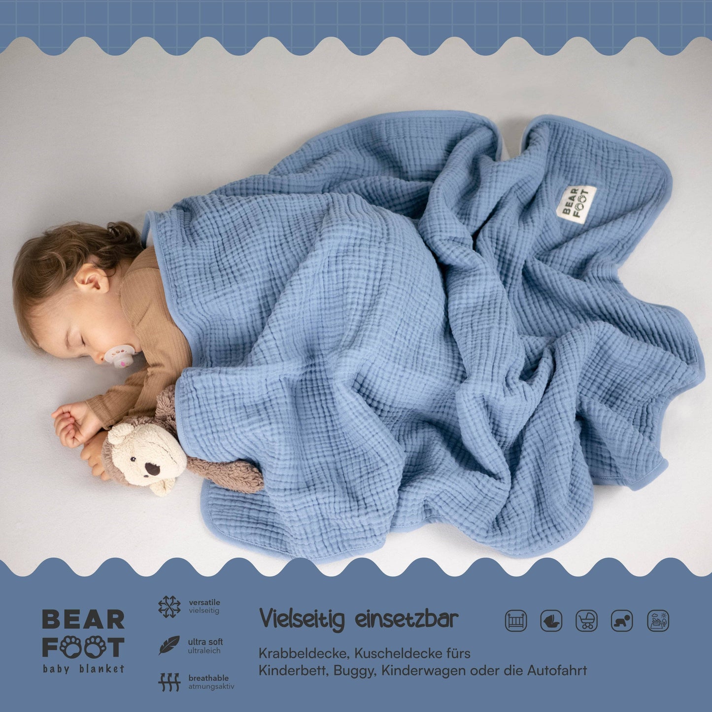 Babydecke Musselin - blau