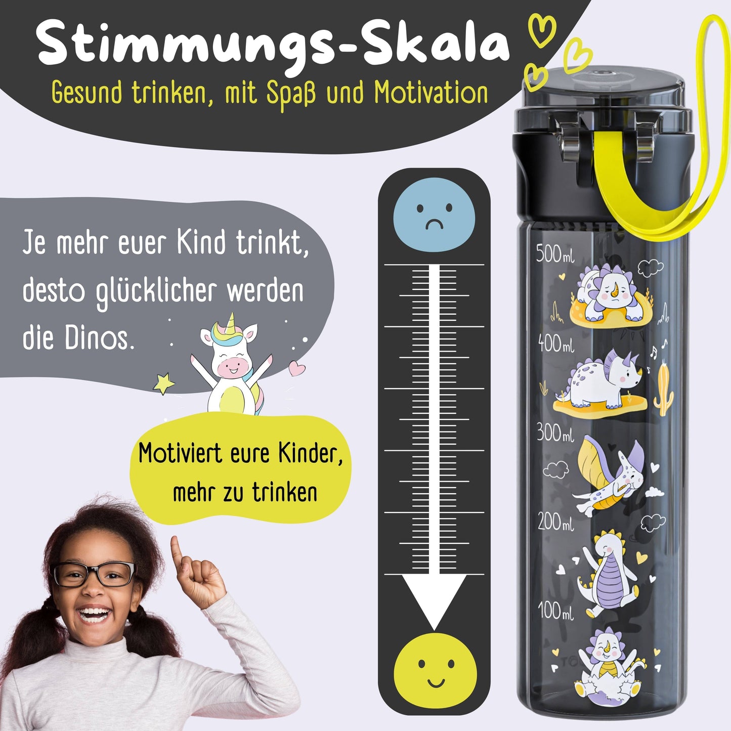 Trinkflasche Kinder, 500ml, leicht - Dinos-schwarz
