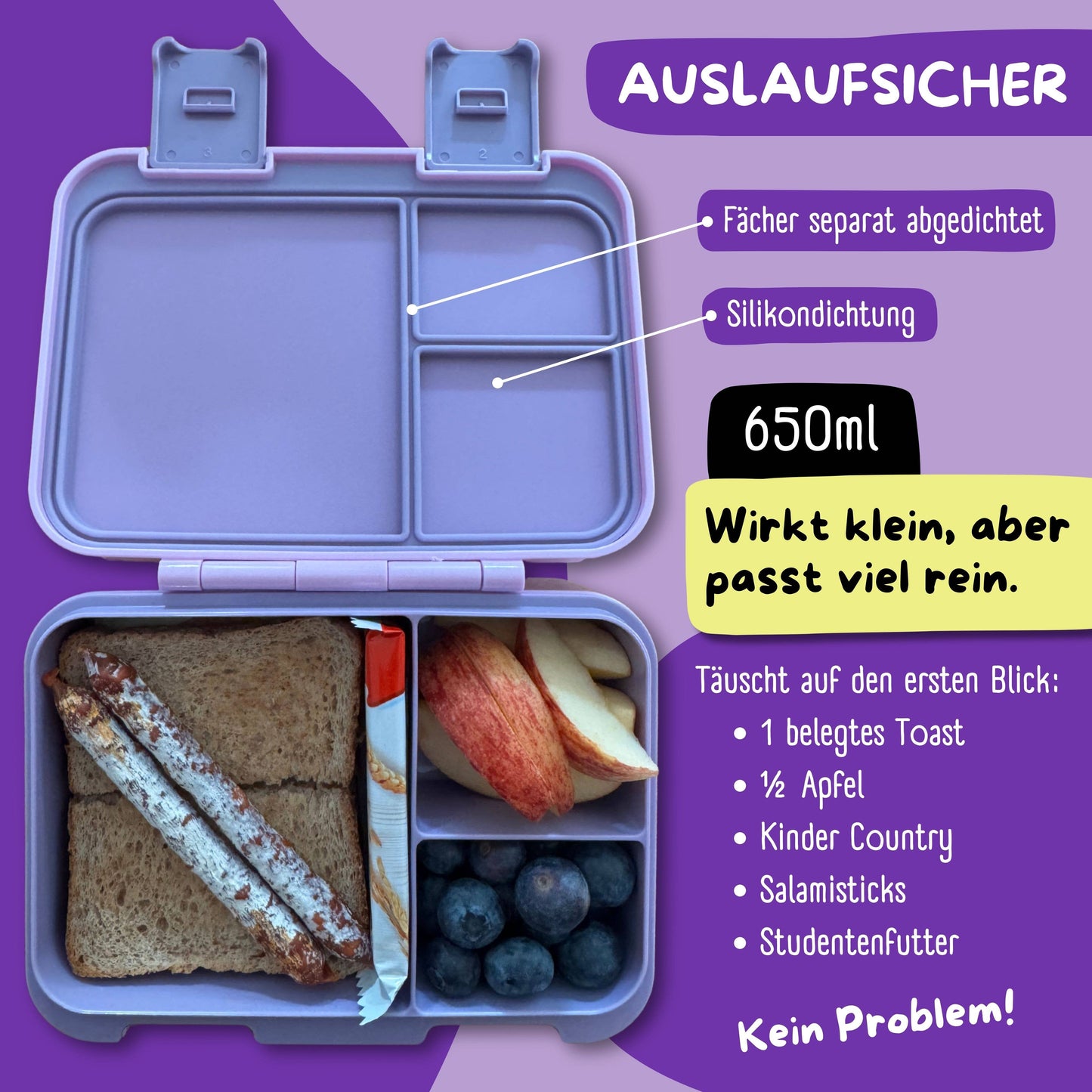 Brotdose mit Fächern, leicht & auslaufsicher - lila: 650ml