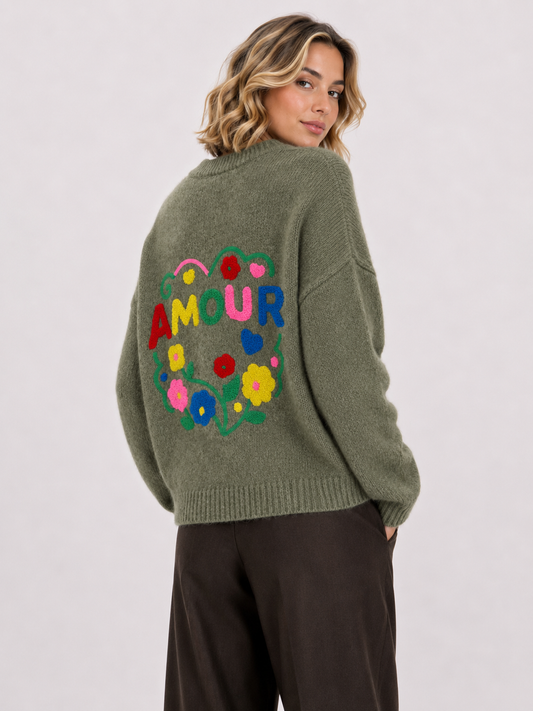 Strickpullover „AMOUR“ – florale Stickerei auf dem Rücken AP200: Grün / Standardmäßig / Eine Größe