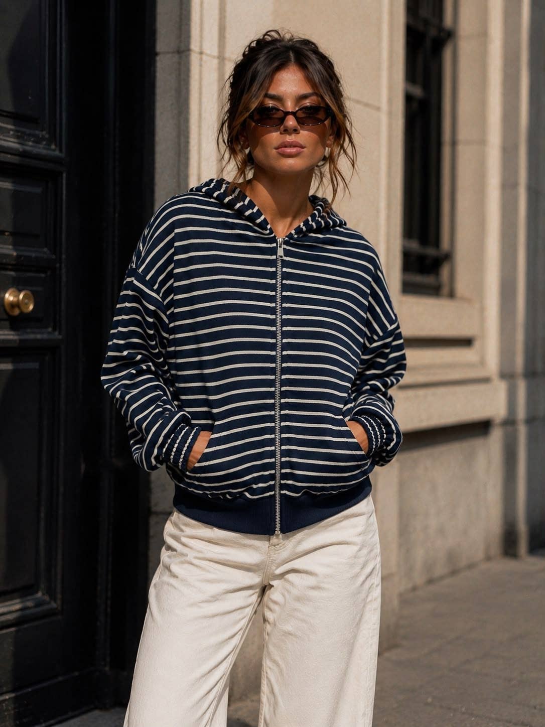 Damen-Kapuzen-Sweatshirt mit Reißverschluss – Streifen & Oversize-Schnitt: Bordeaux / SM