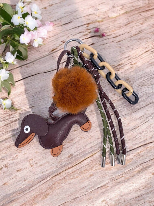 Taschenanhänger und Schlüsselanhänger mit Hund und Bommel PC11: Braun / Synthetisch