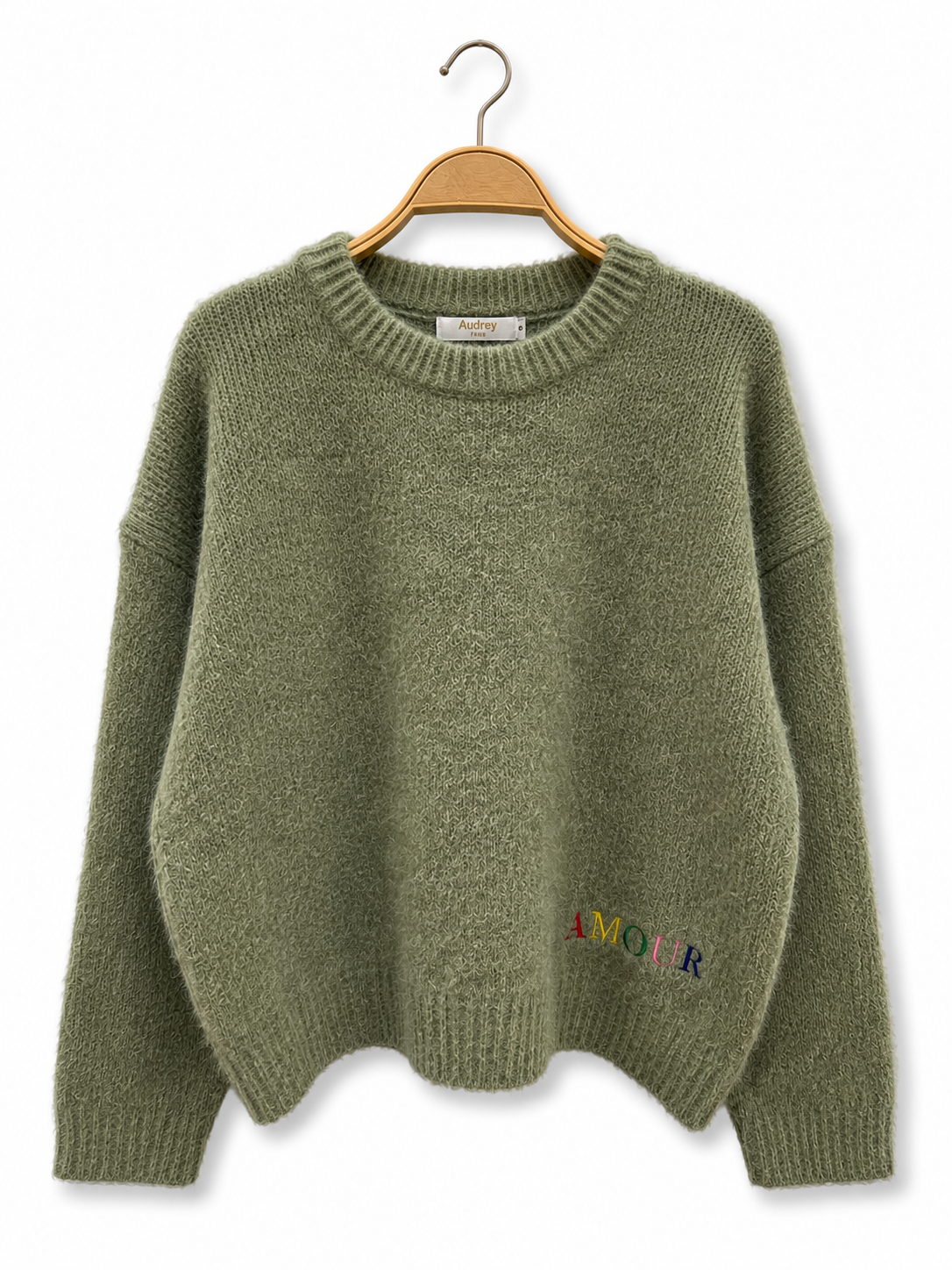 Strickpullover „AMOUR“ – florale Stickerei auf dem Rücken AP200: Grün / Standardmäßig / Eine Größe