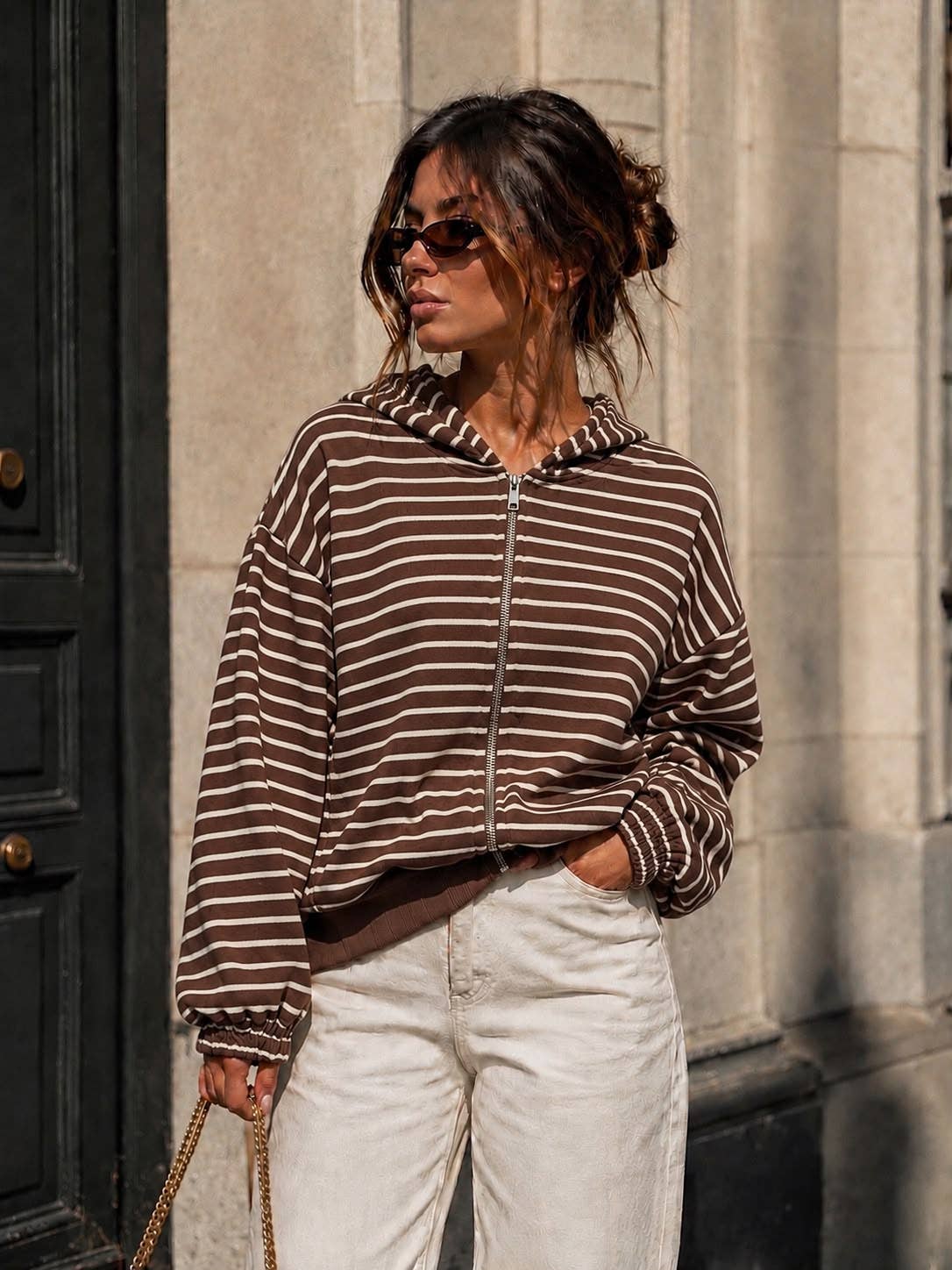 Damen-Kapuzen-Sweatshirt mit Reißverschluss – Streifen & Oversize-Schnitt: Bordeaux / SM