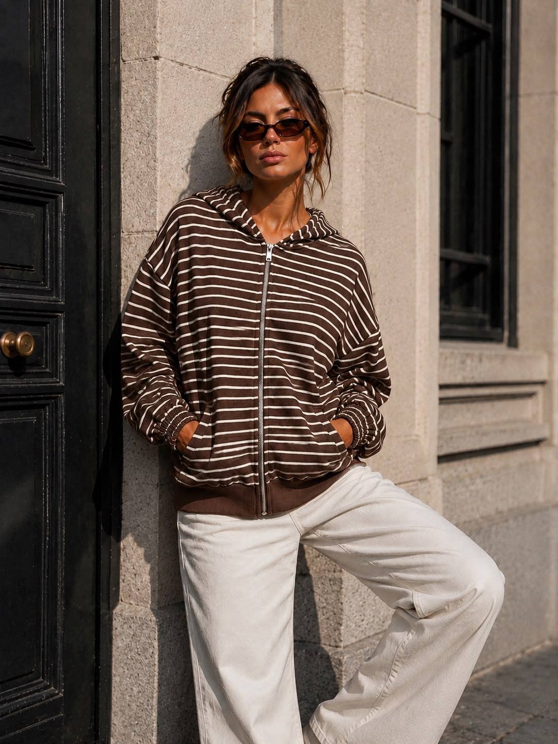 Damen-Kapuzen-Sweatshirt mit Reißverschluss – Streifen & Oversize-Schnitt: Bordeaux / SM
