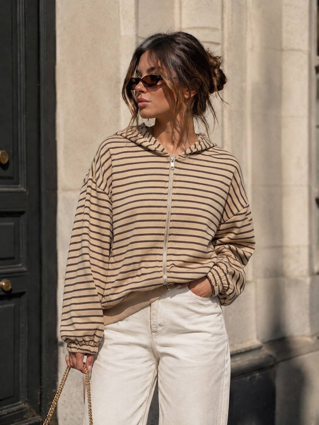 Damen-Kapuzen-Sweatshirt mit Reißverschluss – Streifen & Oversize-Schnitt: Bordeaux / SM