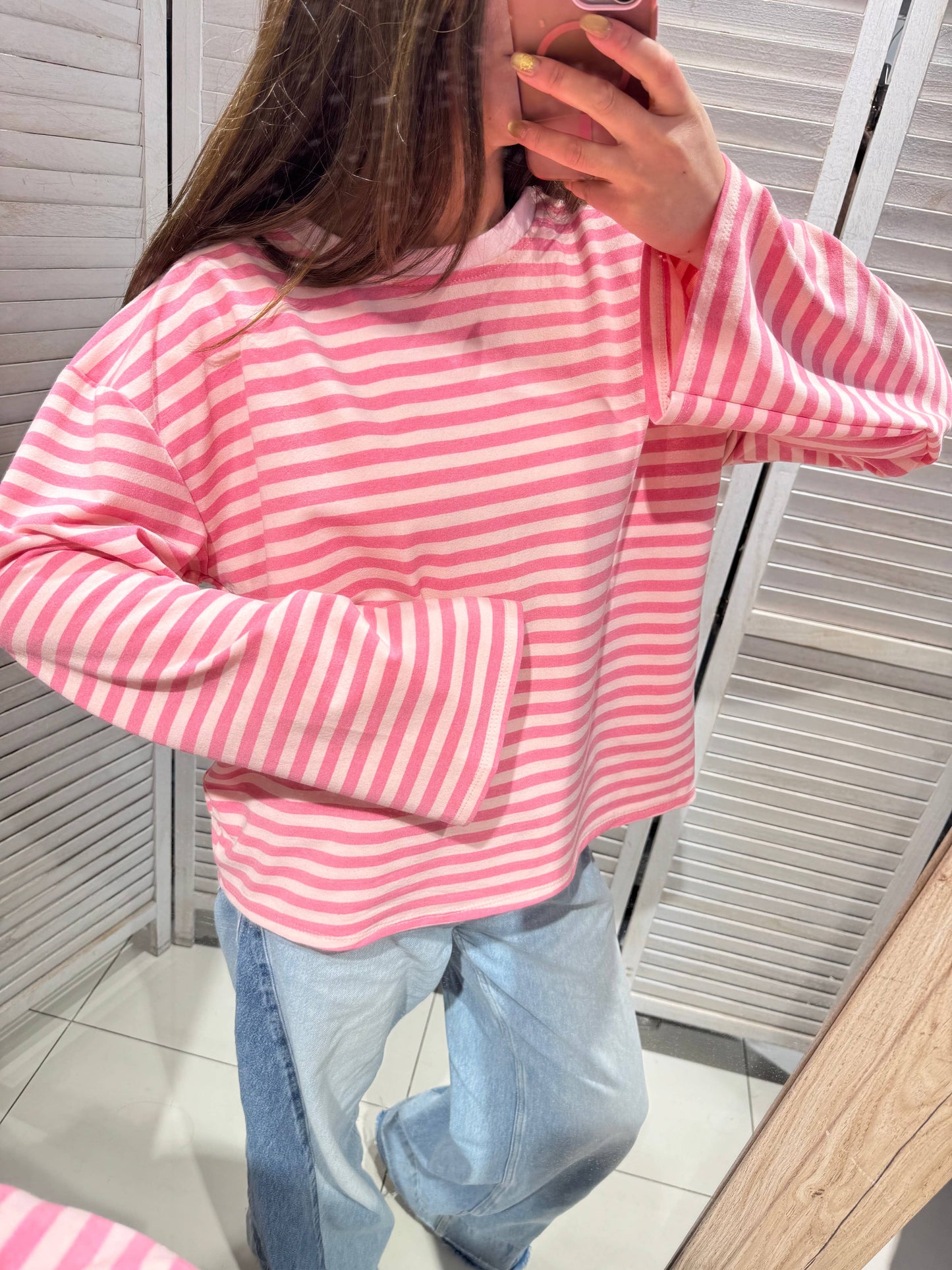 Gestreiftes T-Shirt mit weiten Ärmeln: Rosa / Eine Größe