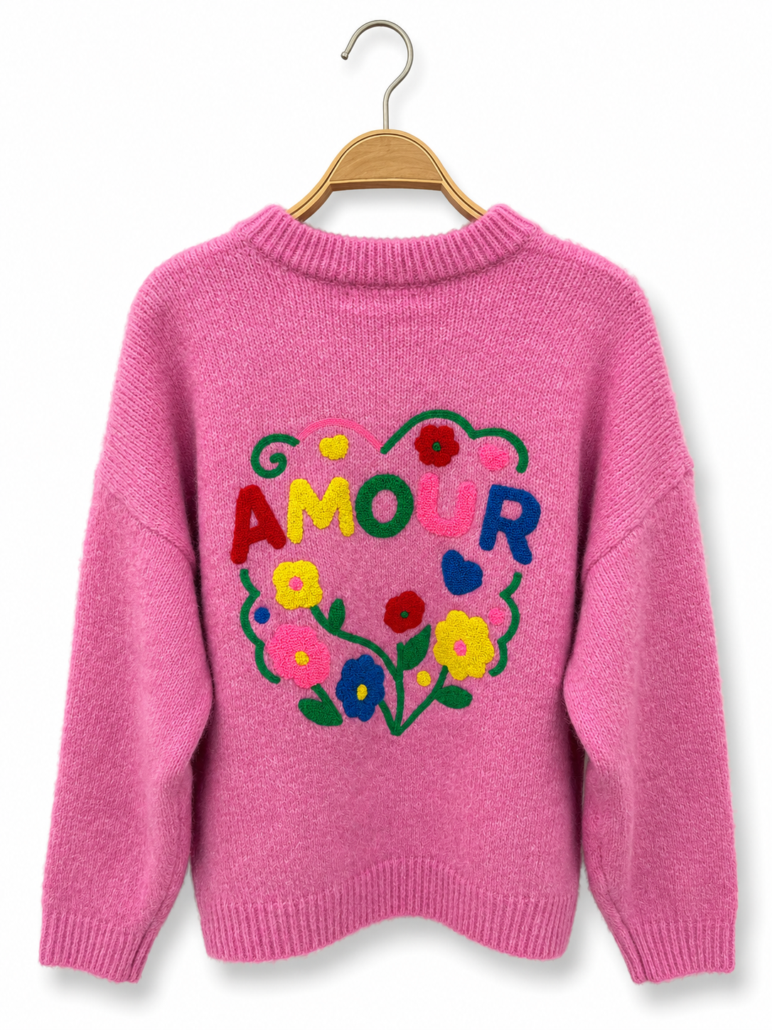 Strickpullover „AMOUR“ – florale Stickerei auf dem Rücken AP200: Grün / Standardmäßig / Eine Größe