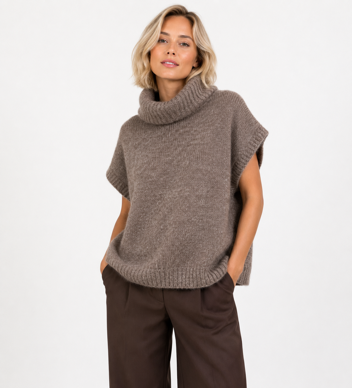 Ärmelloser Premium-Strickpullover – AP213: Braun / Standardmäßig / Eine Größe