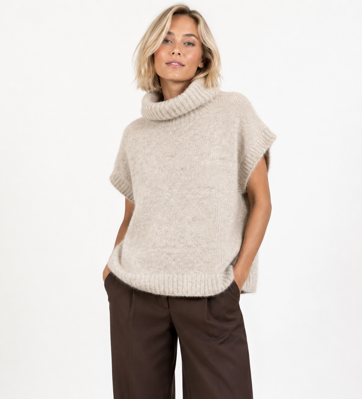Ärmelloser Premium-Strickpullover – AP213: Braun / Standardmäßig / Eine Größe