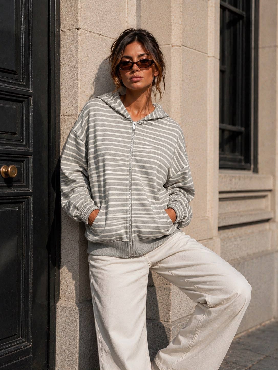 Damen-Kapuzen-Sweatshirt mit Reißverschluss – Streifen & Oversize-Schnitt: Bordeaux / SM