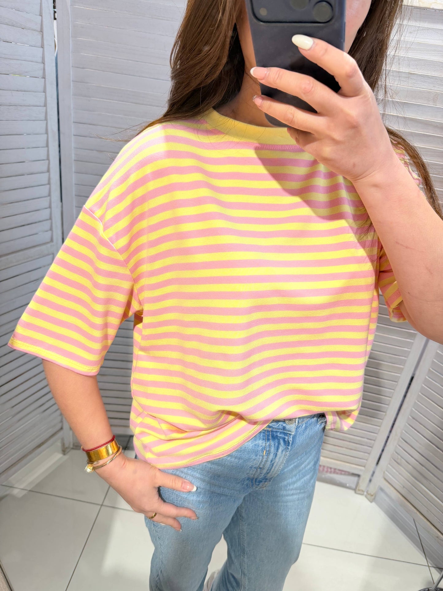Gestreiftes T-Shirt mit kurzen Ärmeln: Gelb / SIE