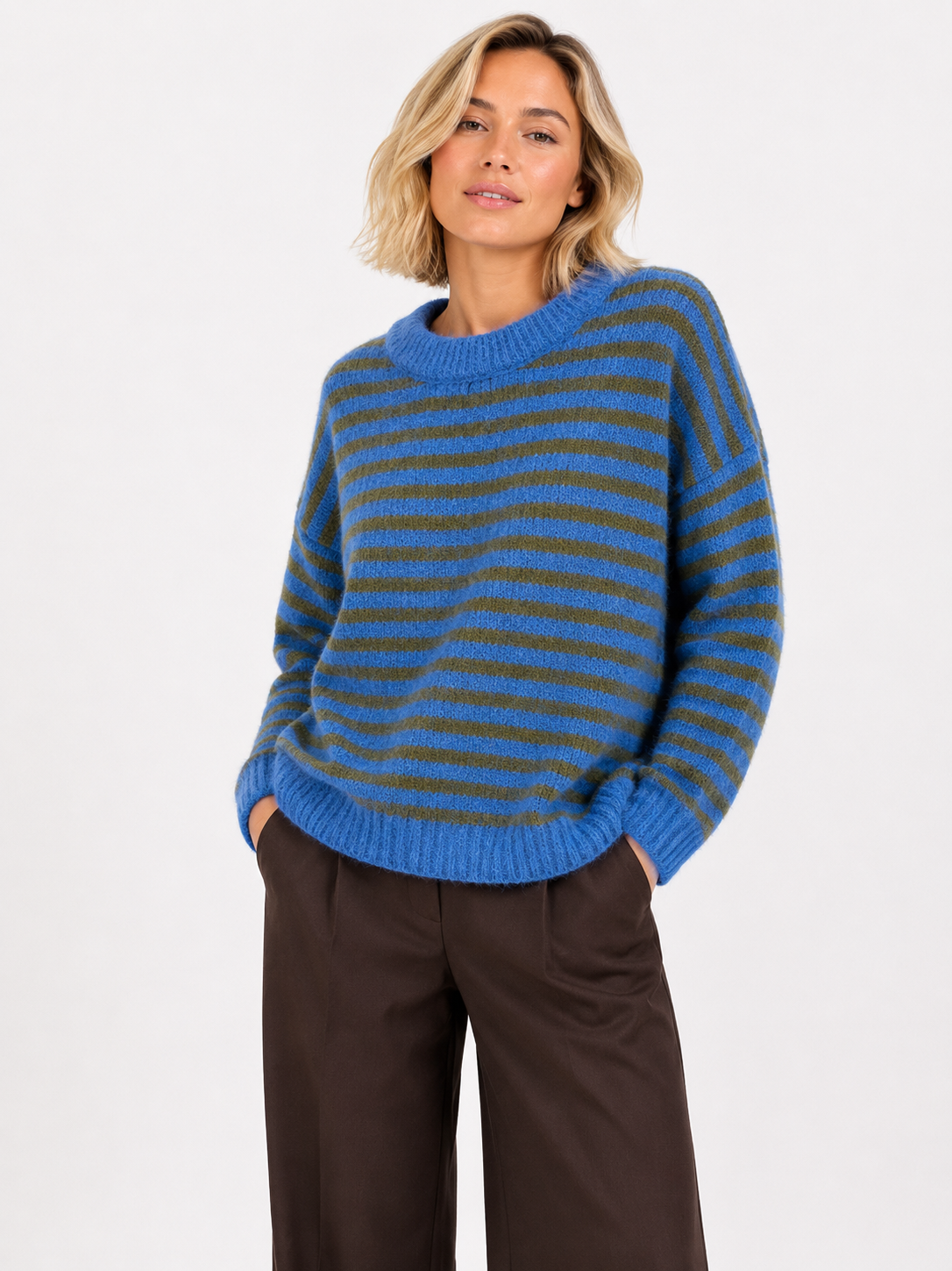 Gestreifter Strickpullover – Zeitlose Kollektion AP195: Fuschia MARINE / Standardmäßig / Eine Größe