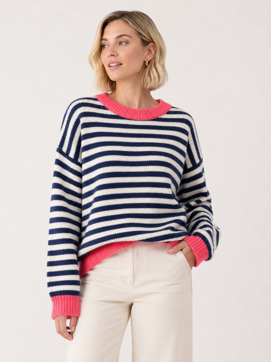 Gestreifter Strickpullover – Zeitlose Kollektion AP195: Fuschia MARINE / Standardmäßig / Eine Größe
