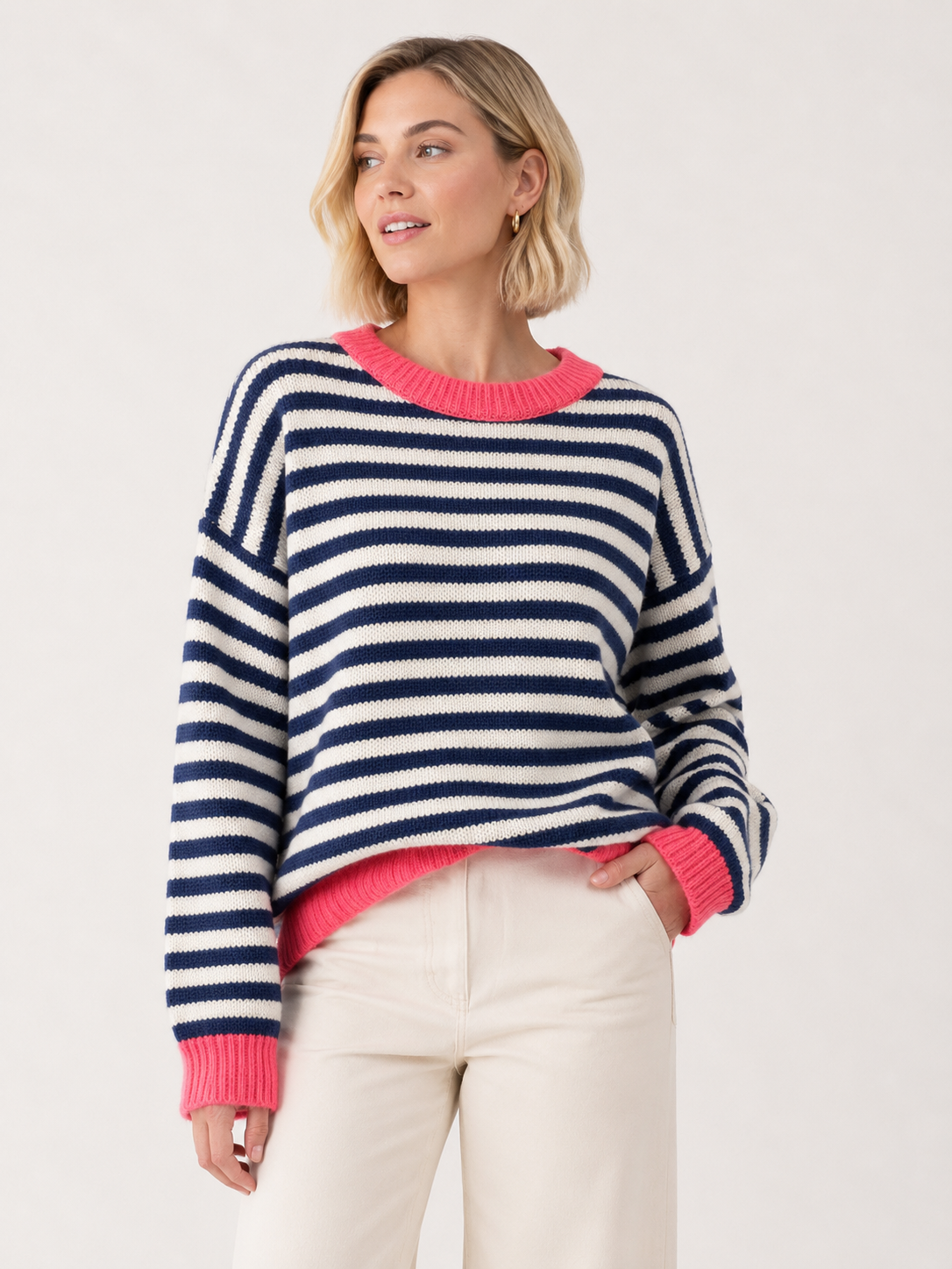 Gestreifter Strickpullover – Zeitlose Kollektion AP195: Rouge / Standard / Taille unique