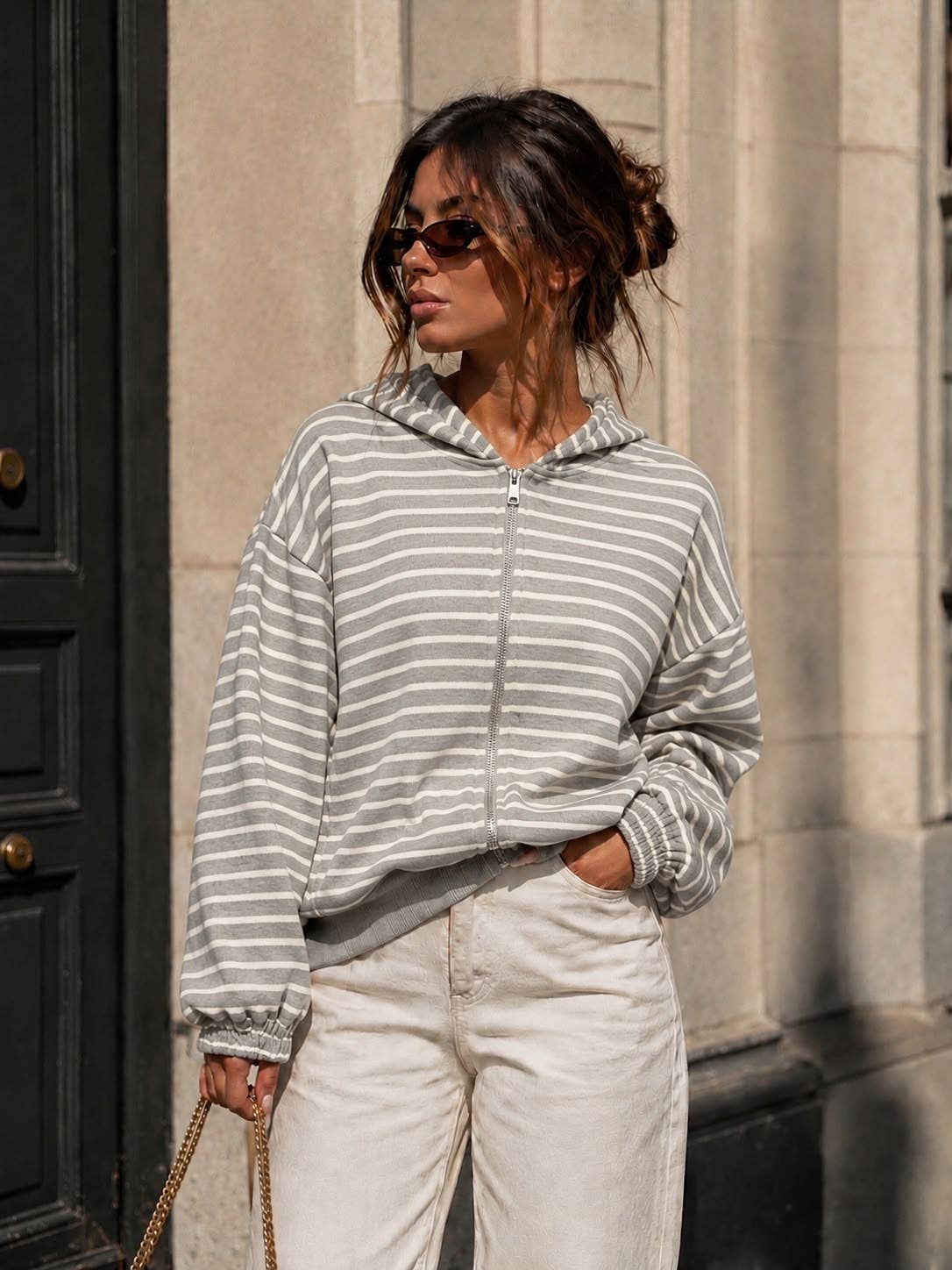 Damen-Kapuzen-Sweatshirt mit Reißverschluss – Streifen & Oversize-Schnitt: Bordeaux / SM