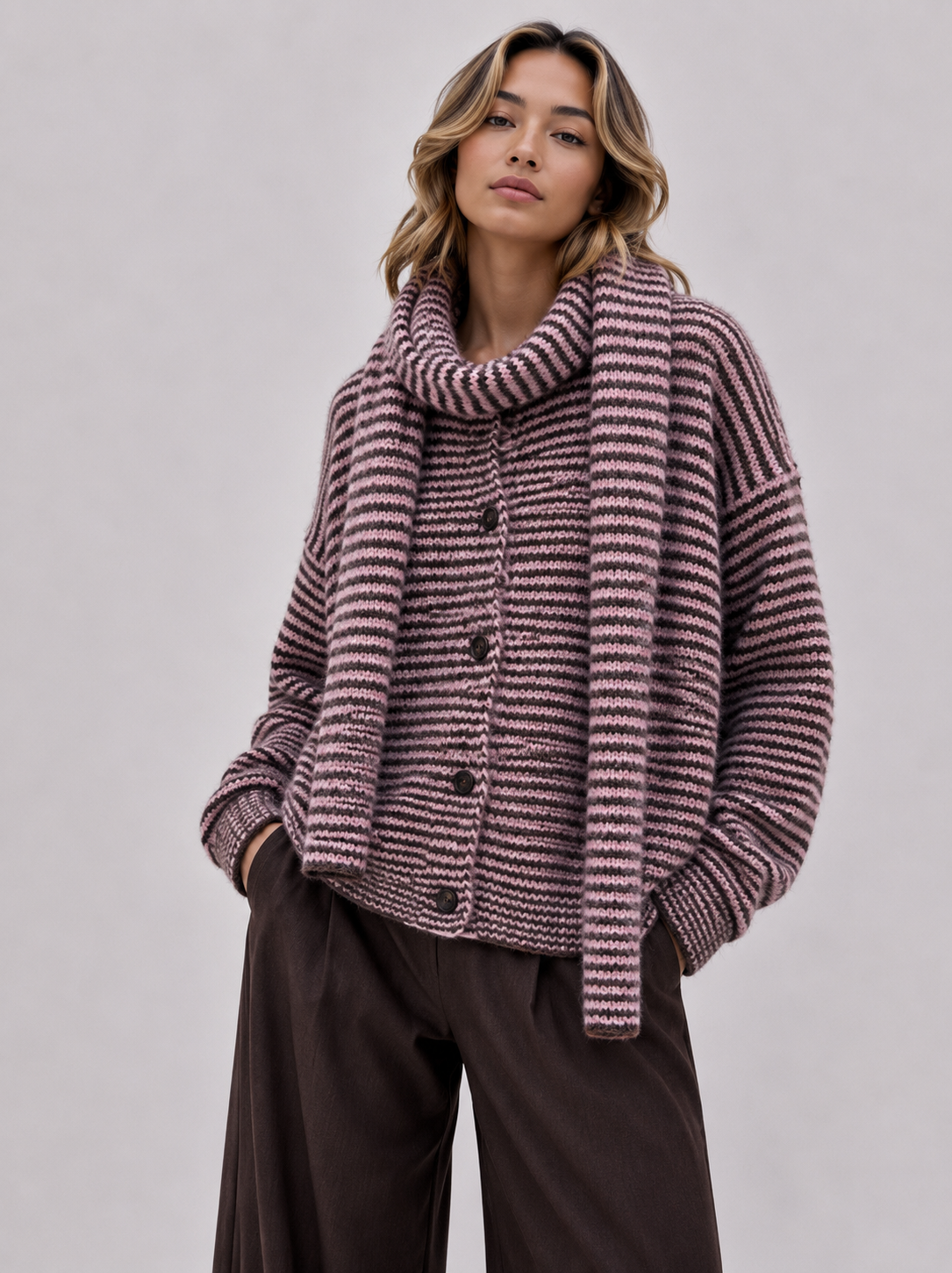 Gestreifter Strickcardigan mit passendem Schal AP165: Rosa / Standardmäßig / Eine Größe