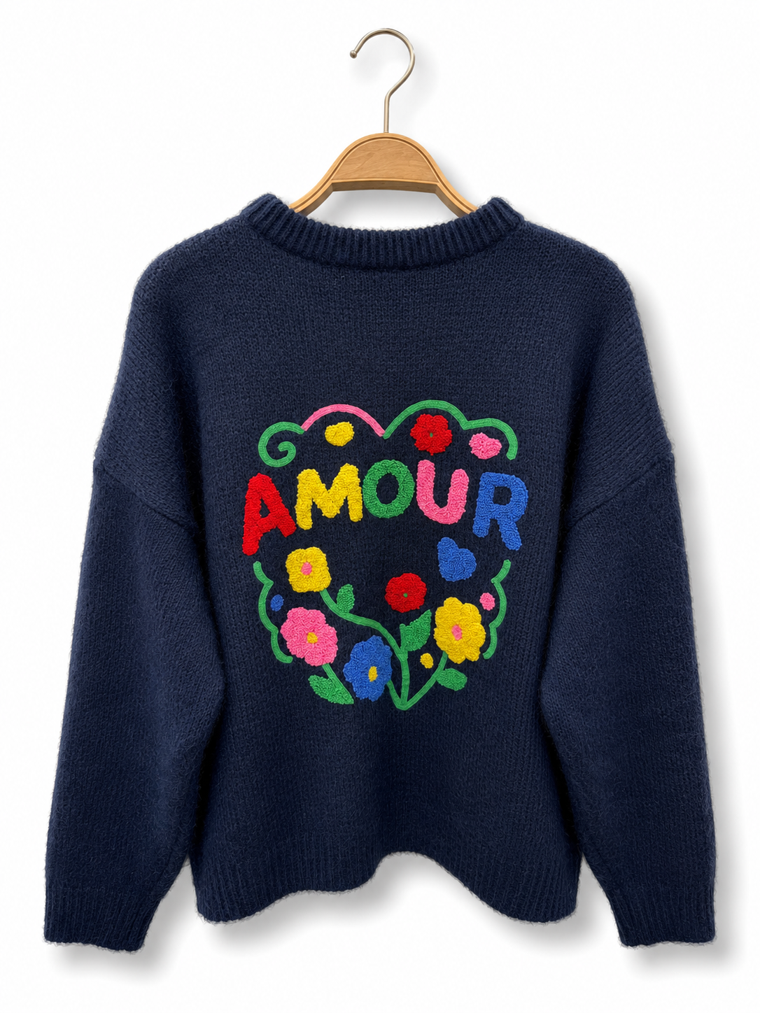 Strickpullover „AMOUR“ – florale Stickerei auf dem Rücken AP200: Bleu / Standard / Taille unique