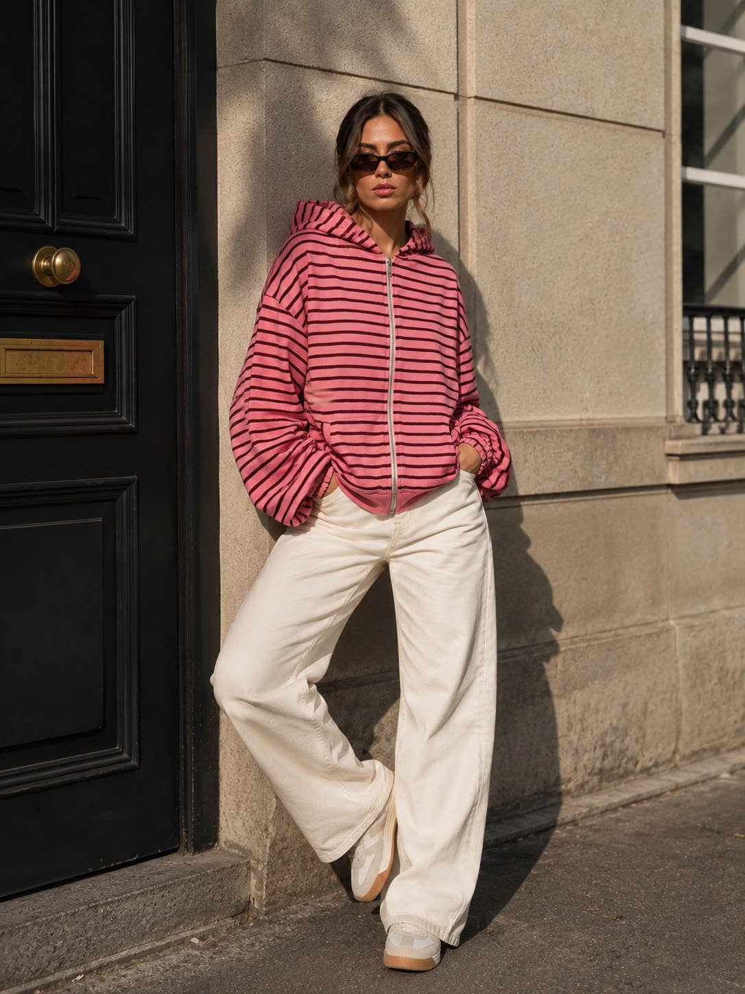 Damen-Kapuzen-Sweatshirt mit Reißverschluss – Streifen & Oversize-Schnitt: Bordeaux / SM