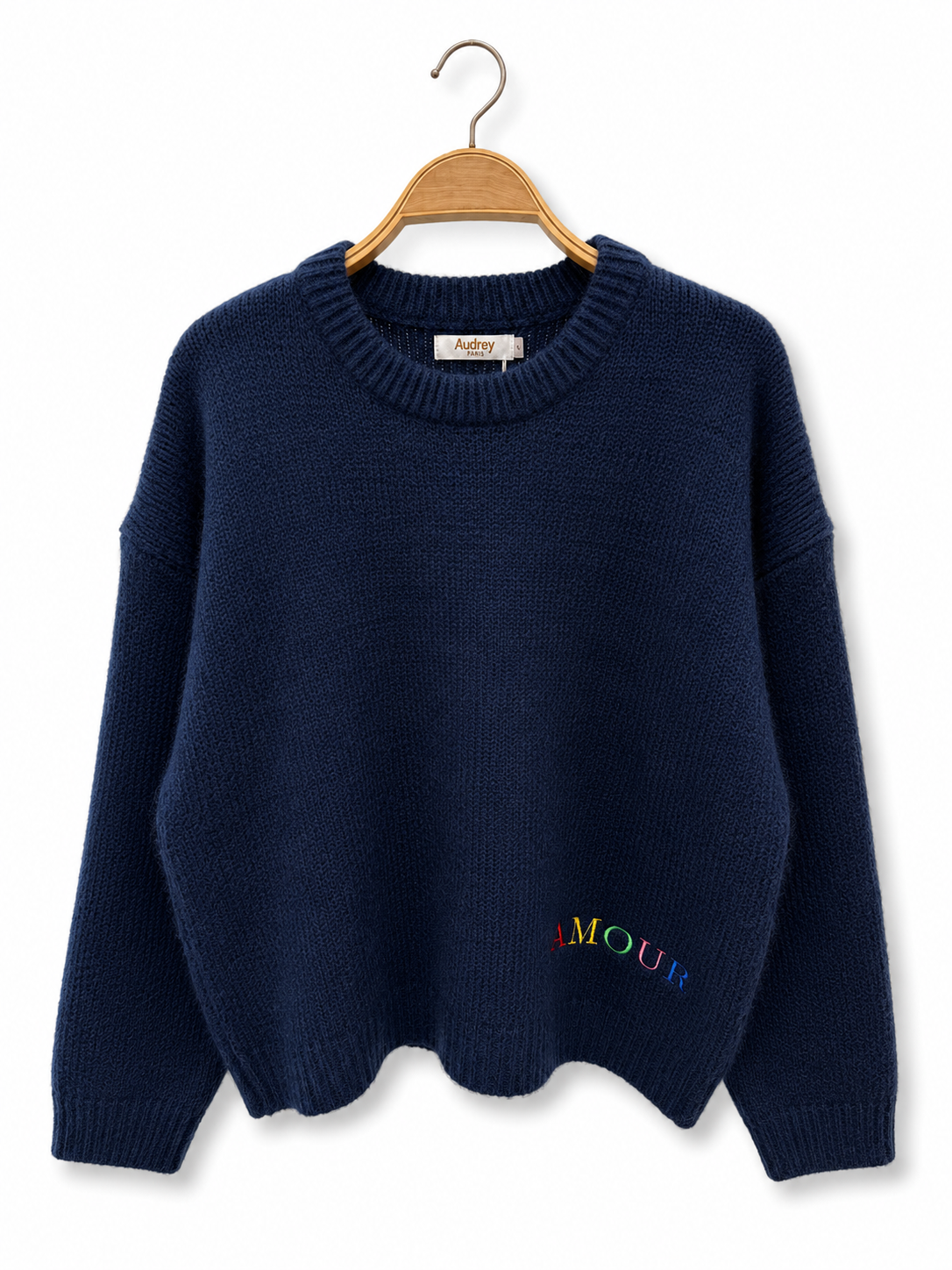 Strickpullover „AMOUR“ – florale Stickerei auf dem Rücken AP200: Bleu / Standard / Taille unique