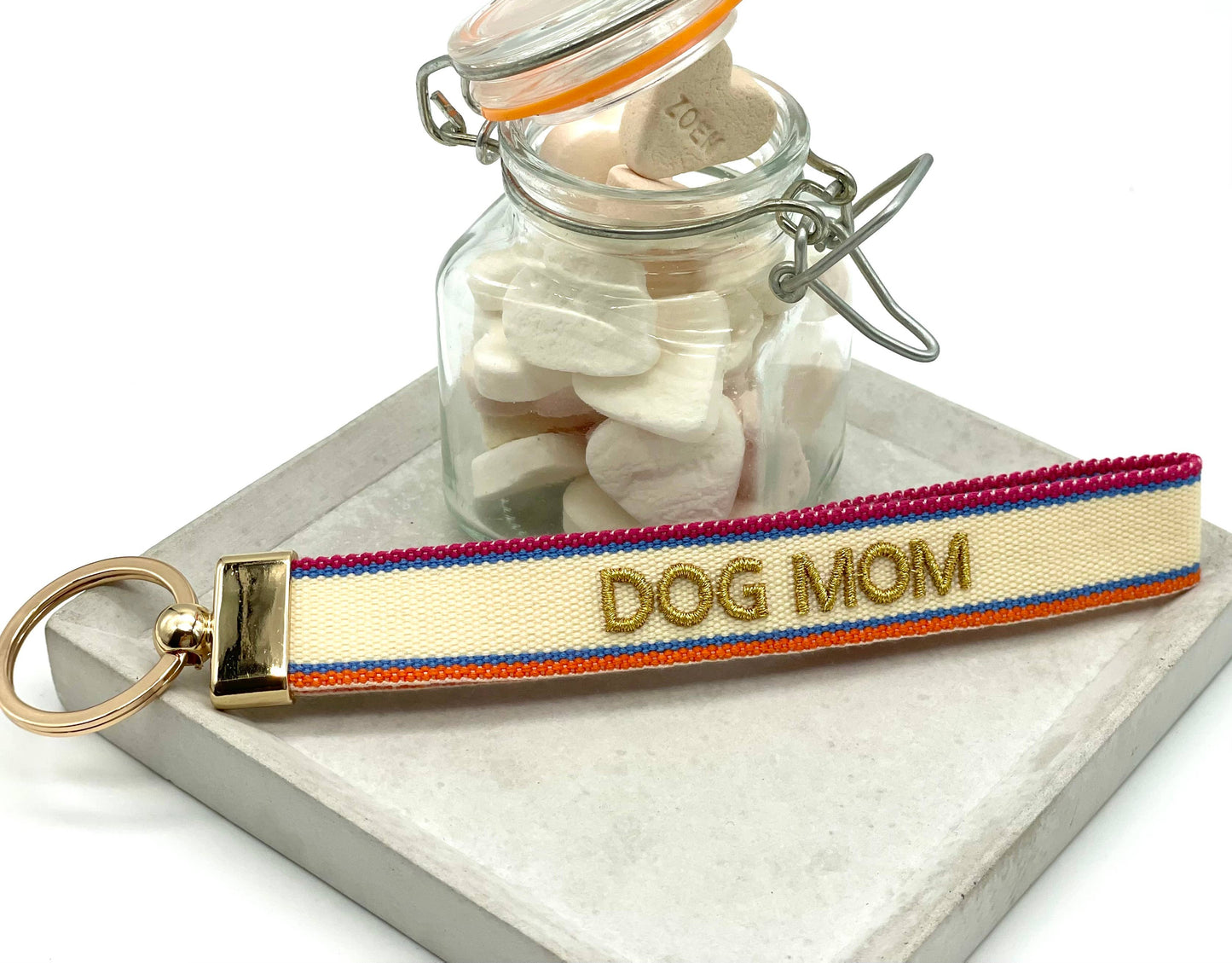 DOG MOM Schlüsselanhänger Keychain gewebt  bestickt 