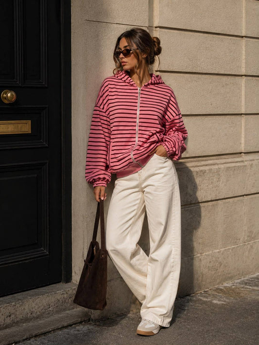 Damen-Kapuzen-Sweatshirt mit Reißverschluss – Streifen & Oversize-Schnitt: Bordeaux / SM