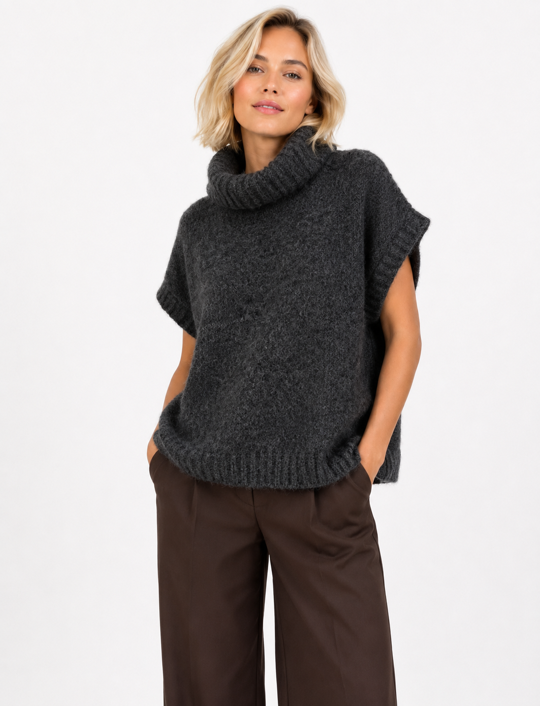 Ärmelloser Premium-Strickpullover – AP213: Braun / Standardmäßig / Eine Größe