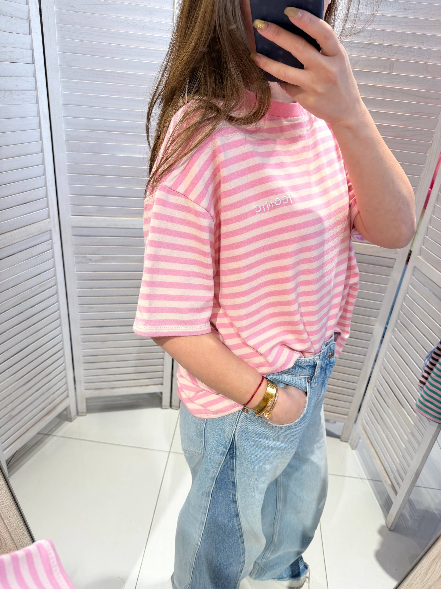 Gestreiftes T‑Shirt mit kurzen Ärmeln: Rosa / Eine Größe