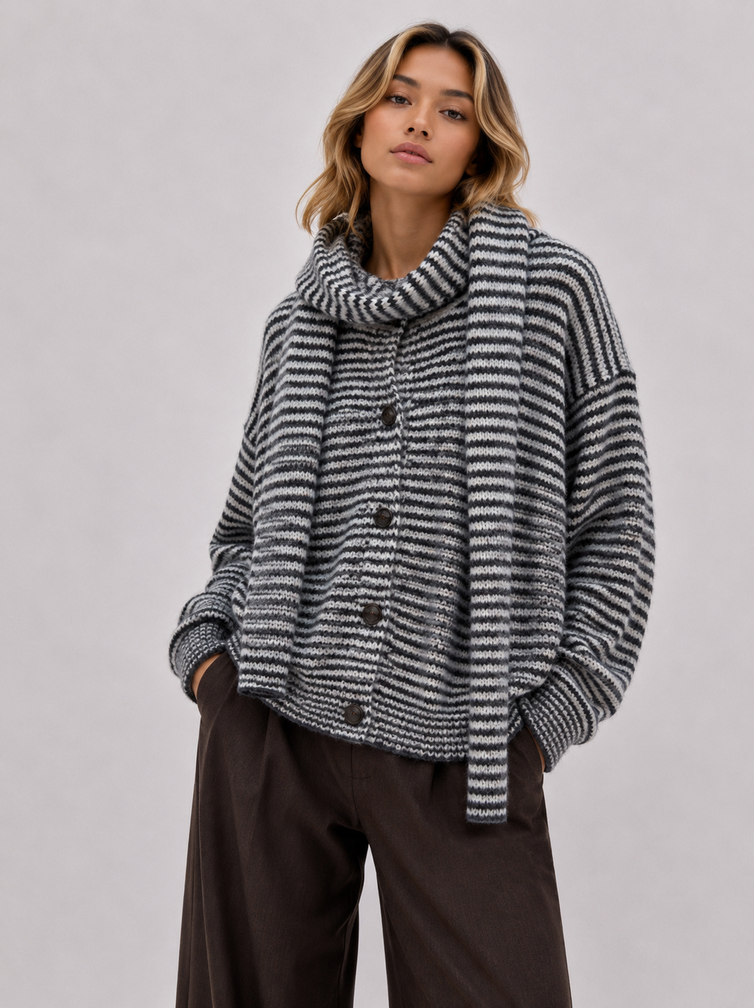 Gestreifter Strickcardigan mit passendem Schal AP165: Rot / Standardmäßig / Eine Größe