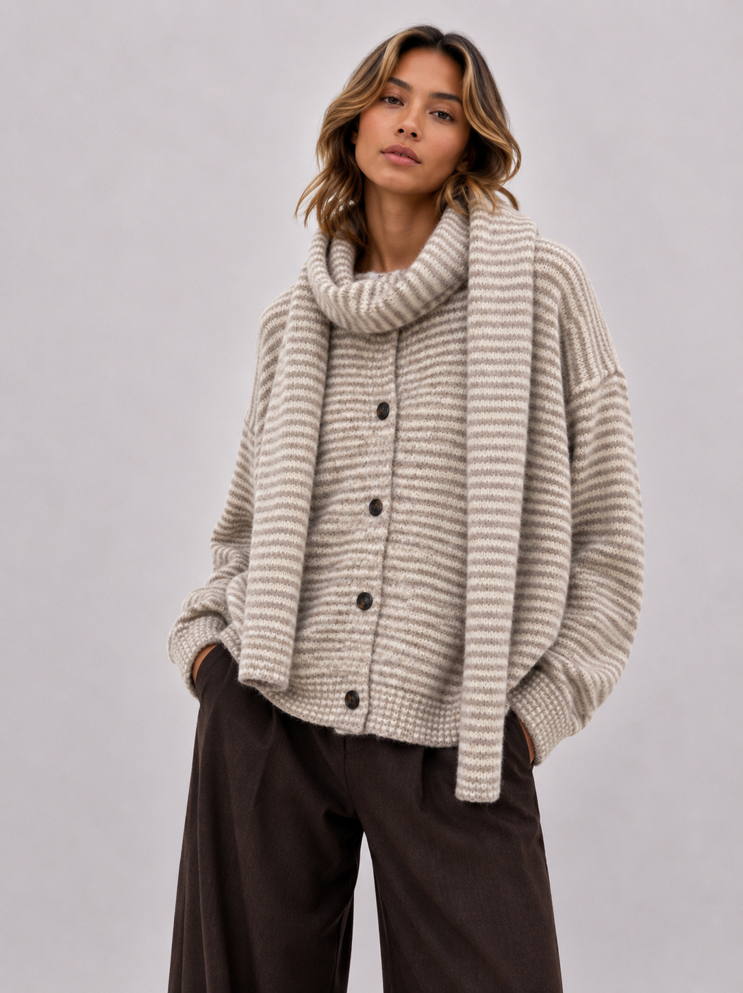 Gestreifter Strickcardigan mit passendem Schal AP165: Blau / Standardmäßig / Eine Größe