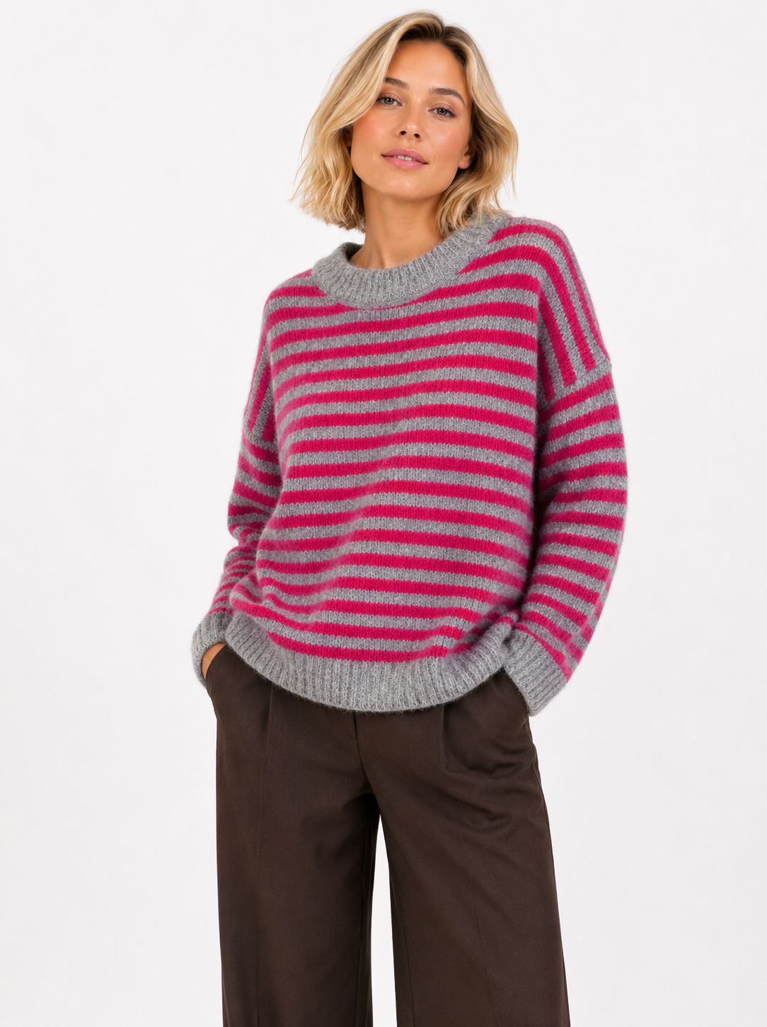 Gestreifter Strickpullover – Zeitlose Kollektion AP195: Fuschia MARINE / Standardmäßig / Eine Größe