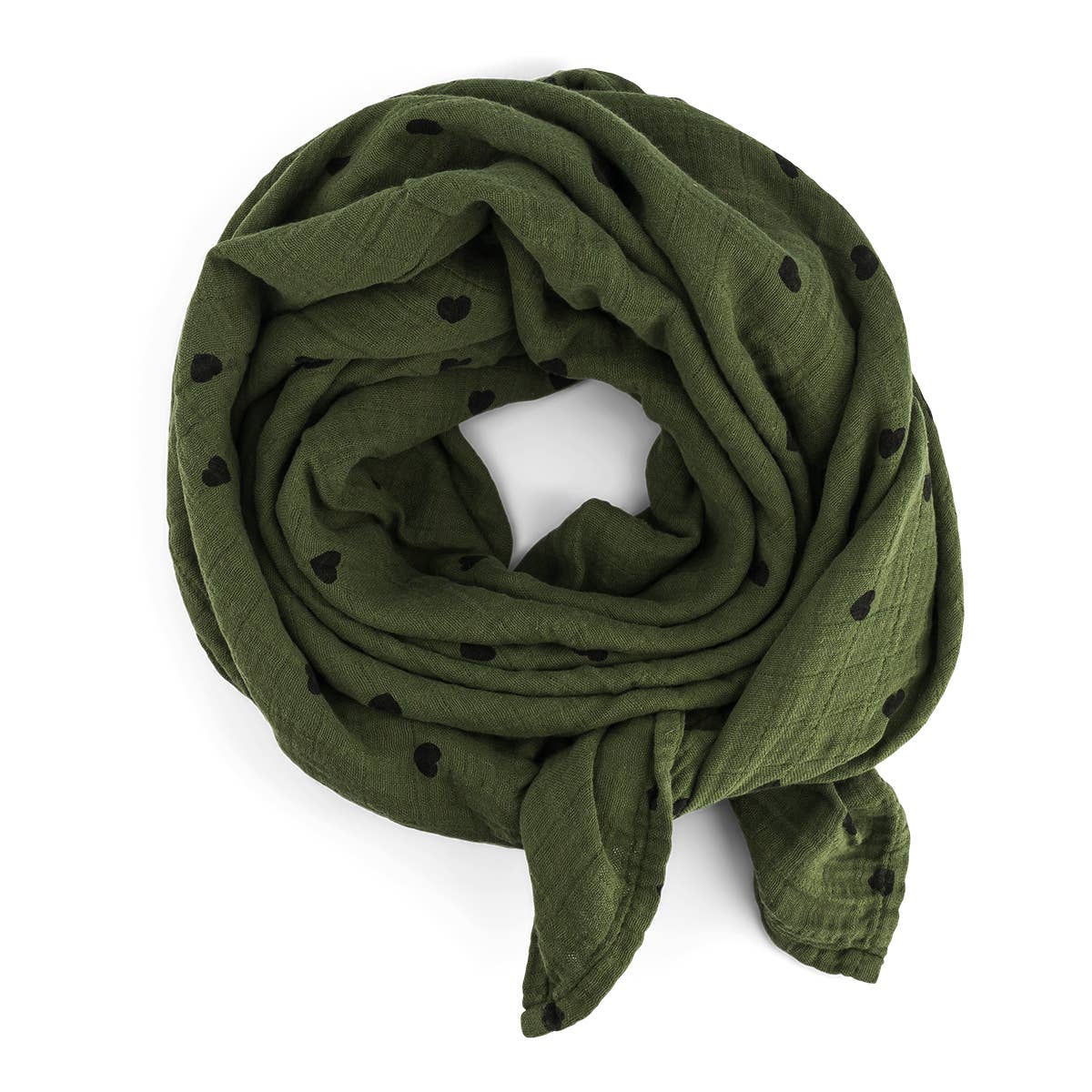 Bianca Mulltuch mit Herz-Motiv in Khaki: PERSIMMON / HERZ / L 110x110