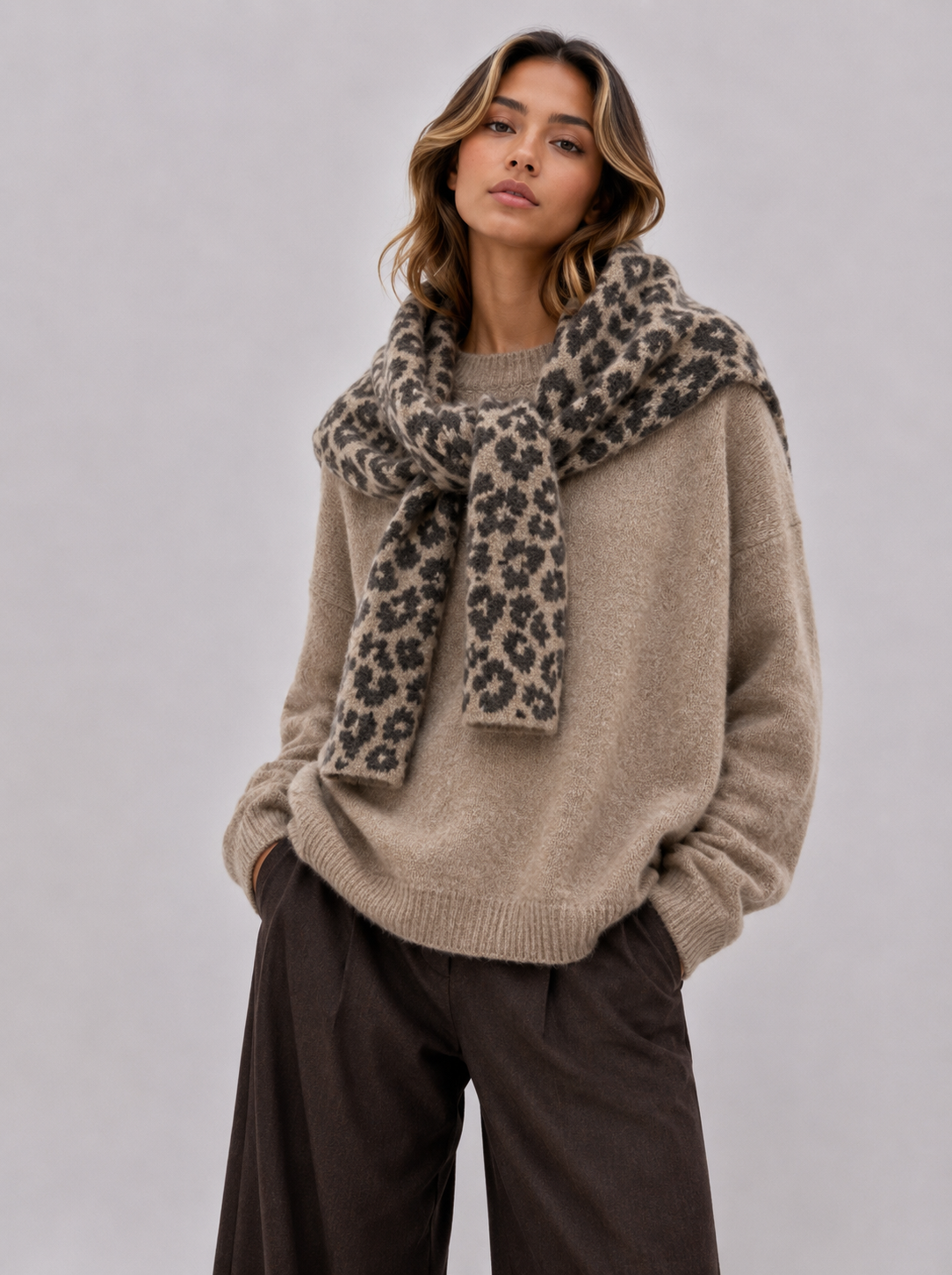 Pullover aus weichem Strick mit integriertem Leoparden-Schal AP191 CAMEL: Braun / Standardmäßig / Eine Größe