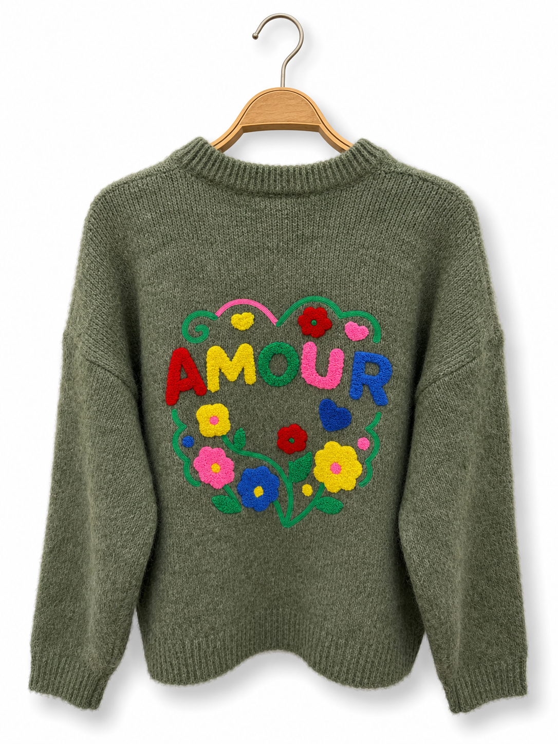 Strickpullover „AMOUR“ – florale Stickerei auf dem Rücken AP200: Bleu / Standard / Taille unique