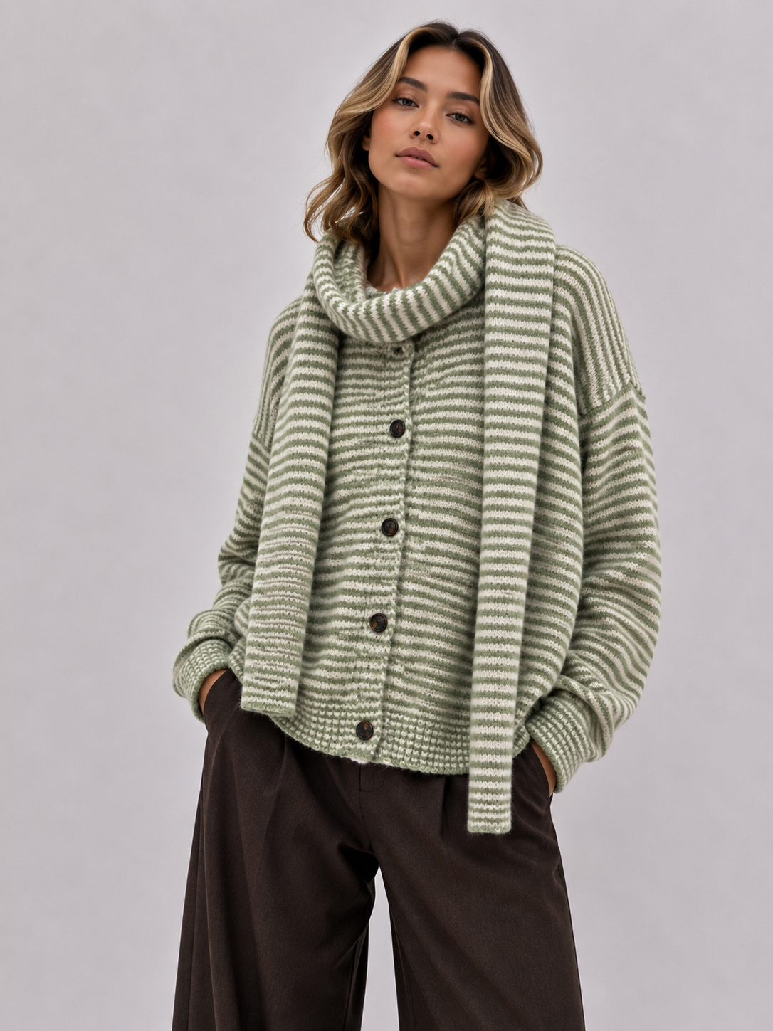 Gestreifter Strickcardigan mit passendem Schal AP165: Rosa / Standardmäßig / Eine Größe