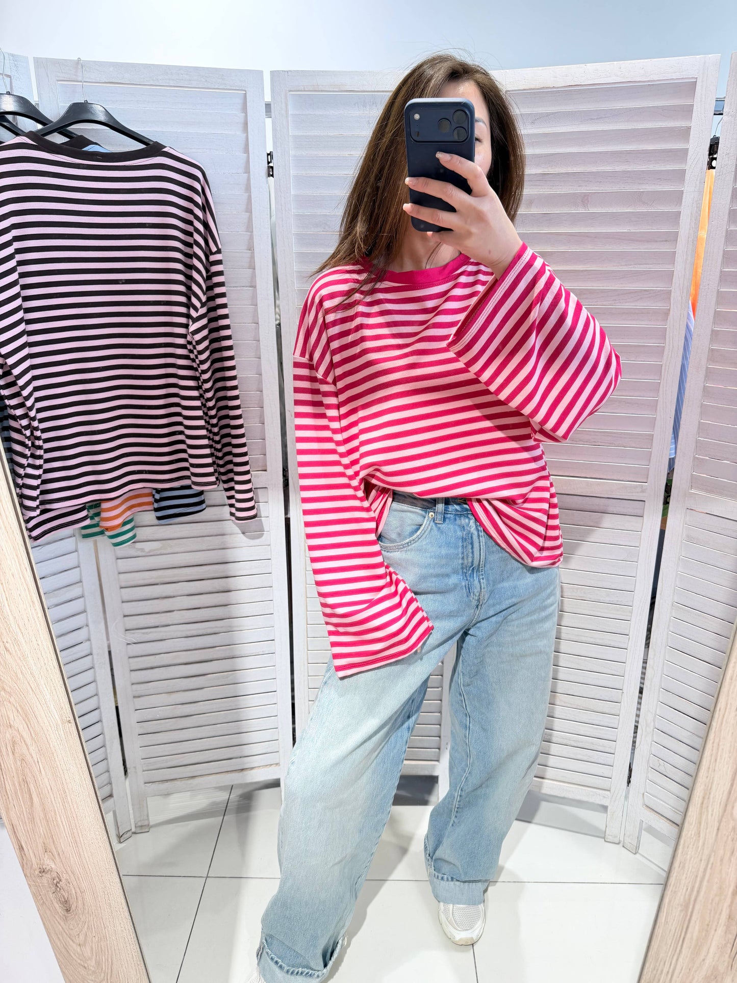 Langarm-T-Shirt mit Streifen: Rosa / SIE