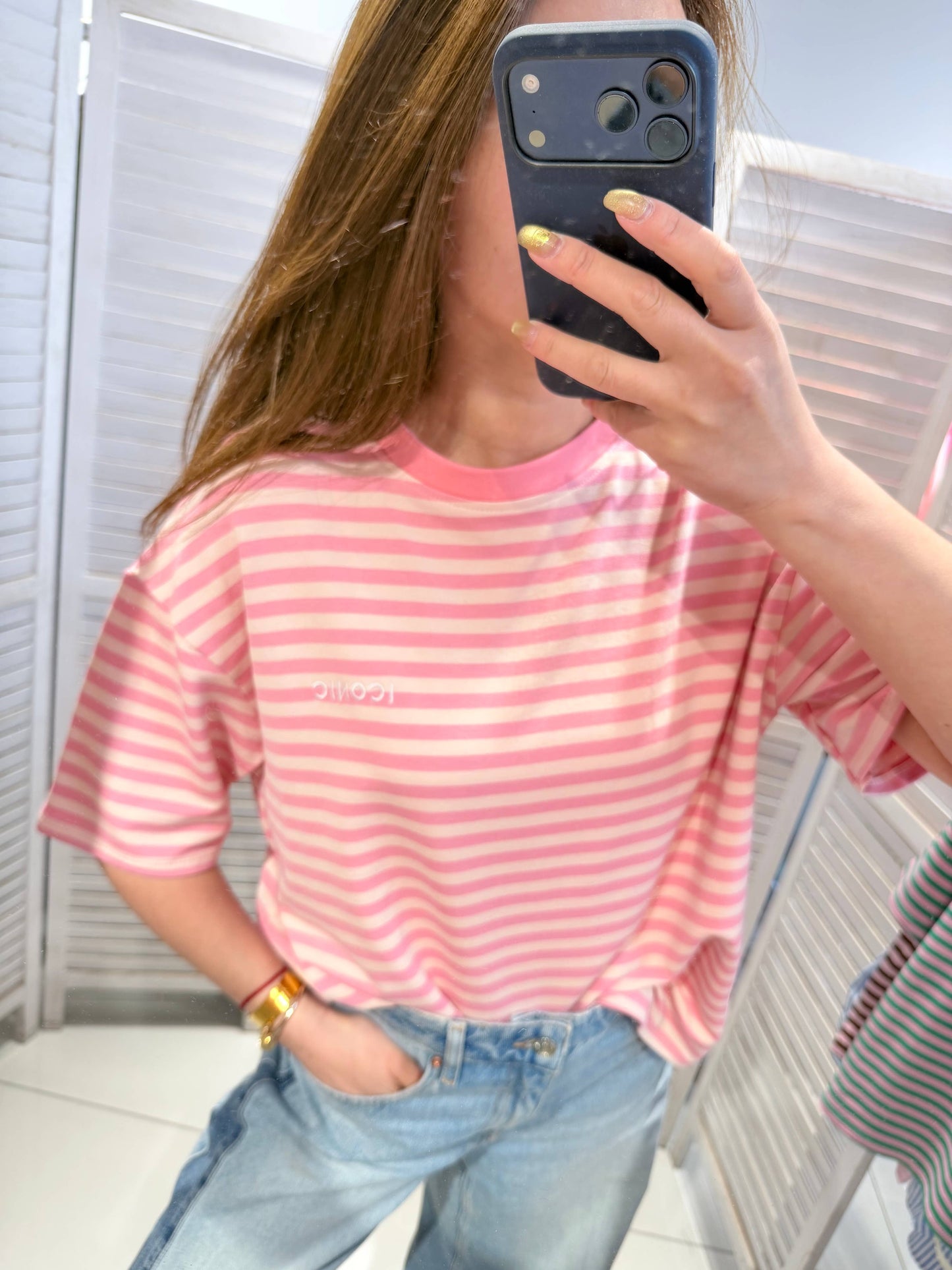 Gestreiftes T‑Shirt mit kurzen Ärmeln: Rosa / Eine Größe