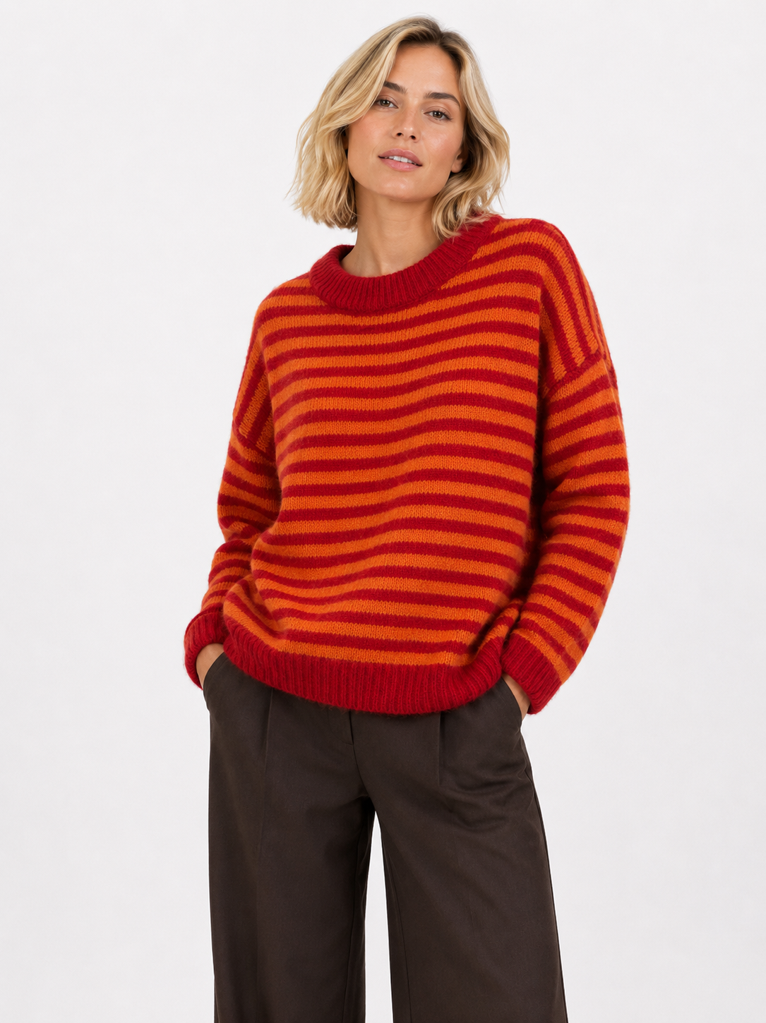 Gestreifter Strickpullover – Zeitlose Kollektion AP195: Fuschia MARINE / Standardmäßig / Eine Größe