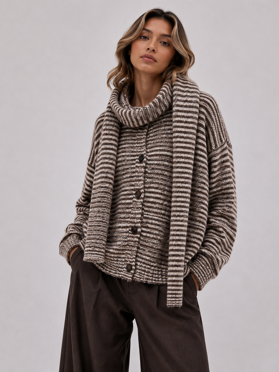 Gestreifter Strickcardigan mit passendem Schal AP165: Rot / Standardmäßig / Eine Größe