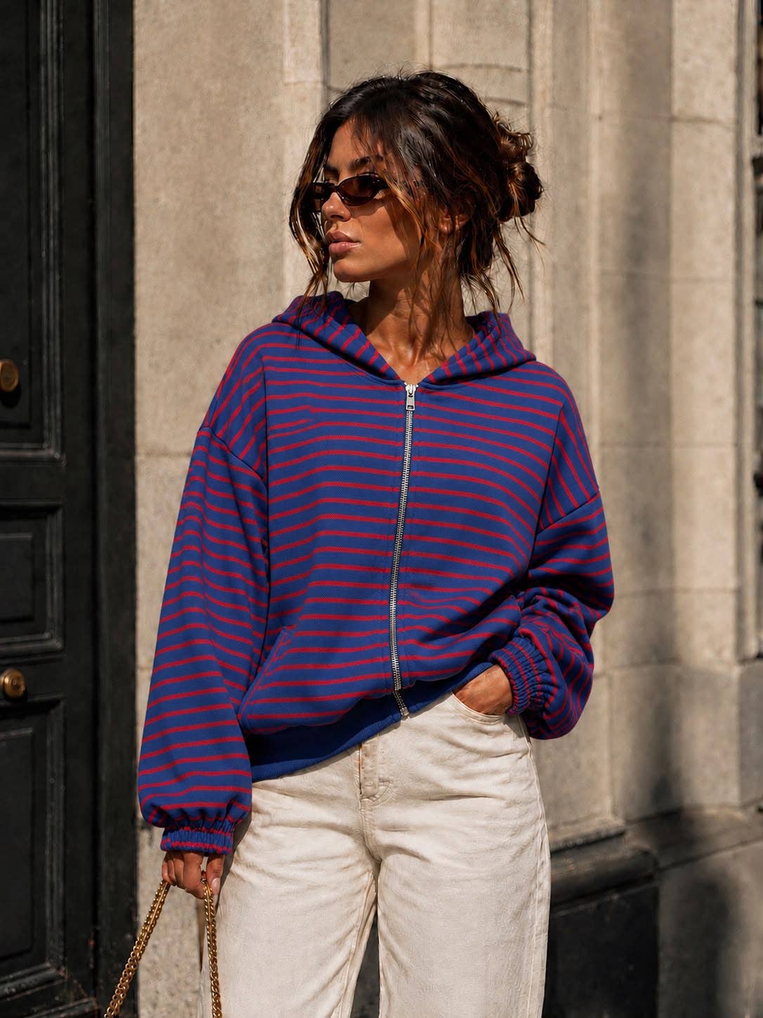 Damen-Kapuzen-Sweatshirt mit Reißverschluss – Streifen & Oversize-Schnitt: Bordeaux / SM