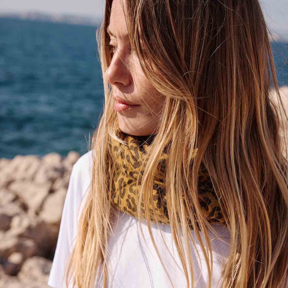 Bianca Musselintuch mit Karamell-Leopardenmuster: TOFFEE / GRAOU / L 110*110