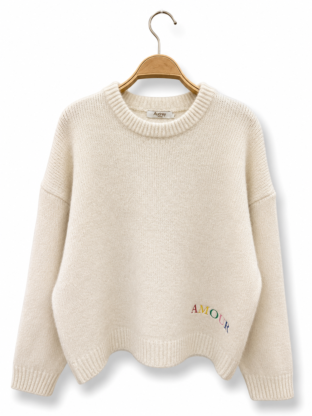 Strickpullover „AMOUR“ – florale Stickerei auf dem Rücken AP200: Grün / Standardmäßig / Eine Größe