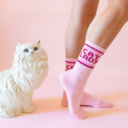 Gestreifte Rippenstrick-Crew-Socken für Katzenliebhaberinnen