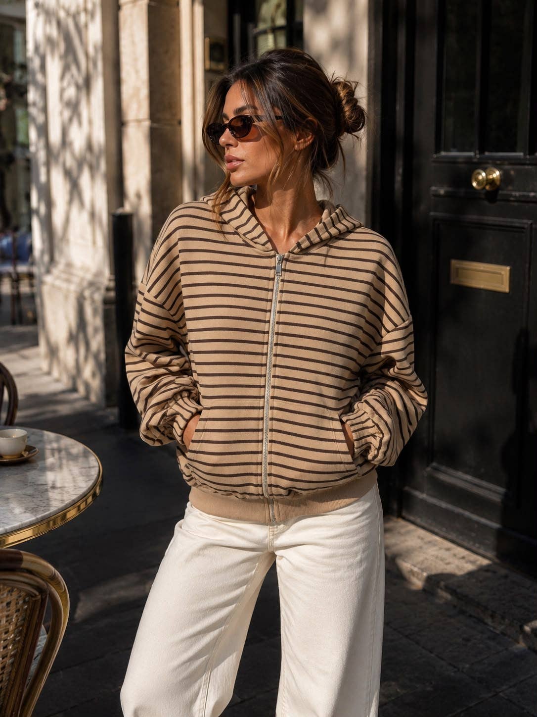 Damen-Kapuzen-Sweatshirt mit Reißverschluss – Streifen & Oversize-Schnitt: Bordeaux / SM