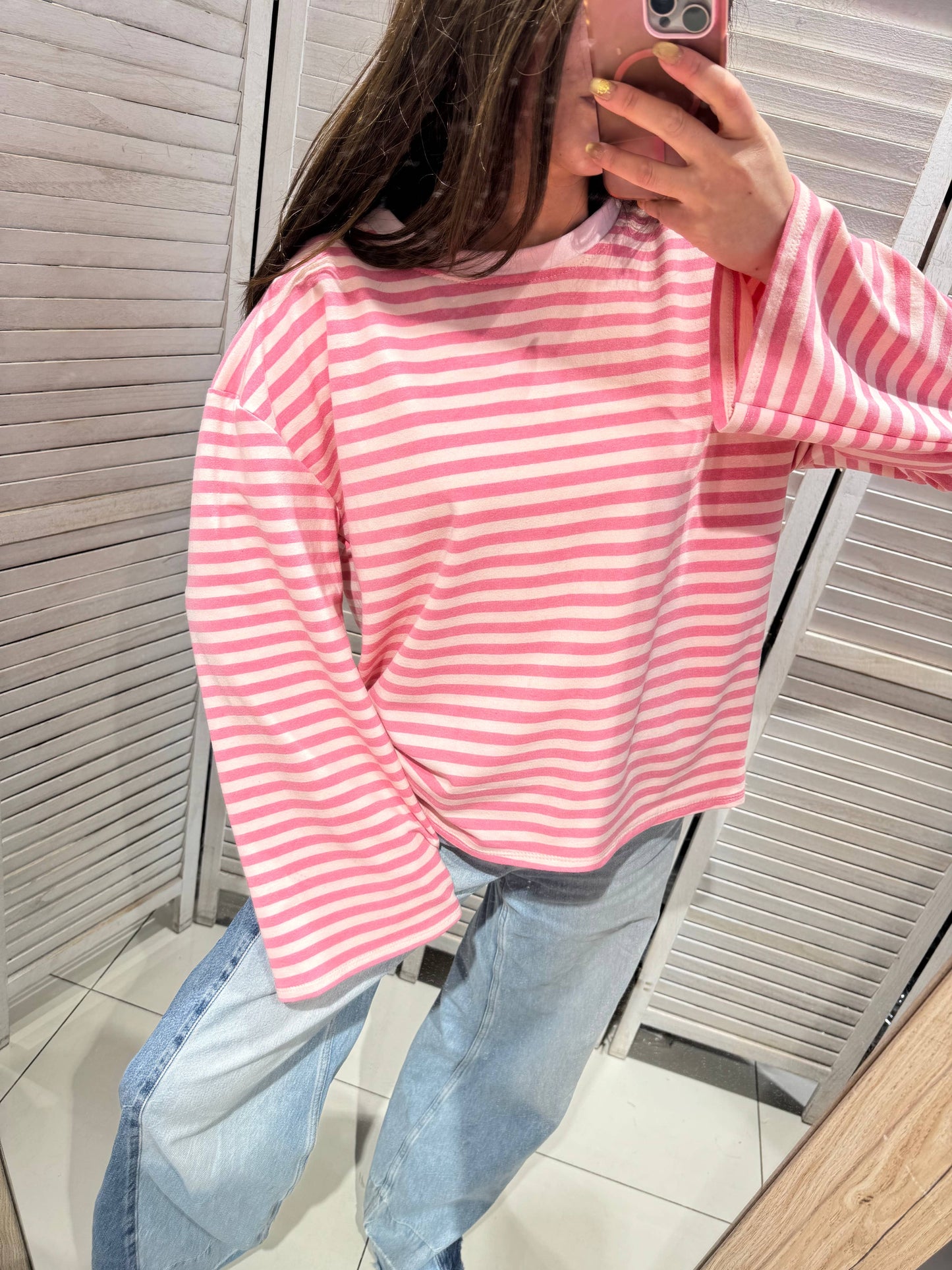 Gestreiftes T-Shirt mit weiten Ärmeln: Rosa / Eine Größe