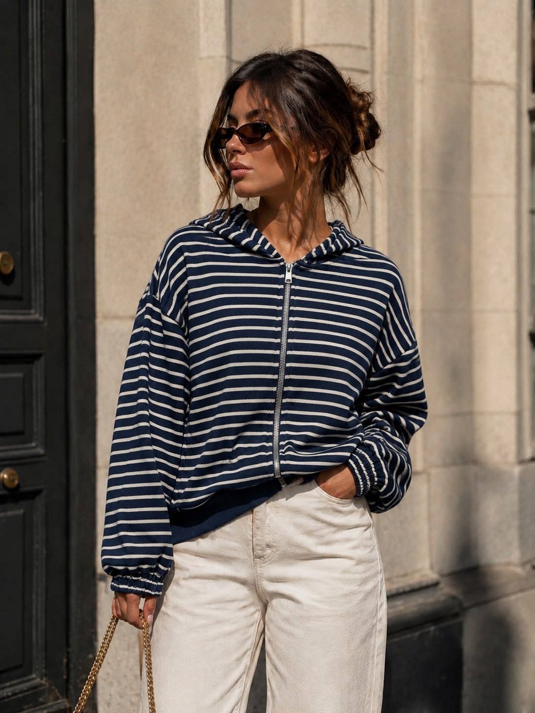 Damen-Kapuzen-Sweatshirt mit Reißverschluss – Streifen & Oversize-Schnitt: Bordeaux / SM